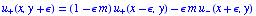 u _ +(x, y + ϵ) = (1 - ϵ m) u _ +(x - ϵ, y) - ϵ m u _ -(x + ϵ, y)